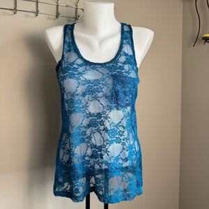 Zenana Outfitters Women's Sheer Lace Tank Top Blue Size M Layering Festival